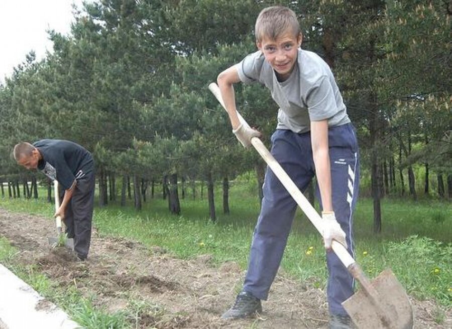 Высокий труд. Подростки в огороде. Школьники трудятся. Труд подростка. Школьник с лопатой.